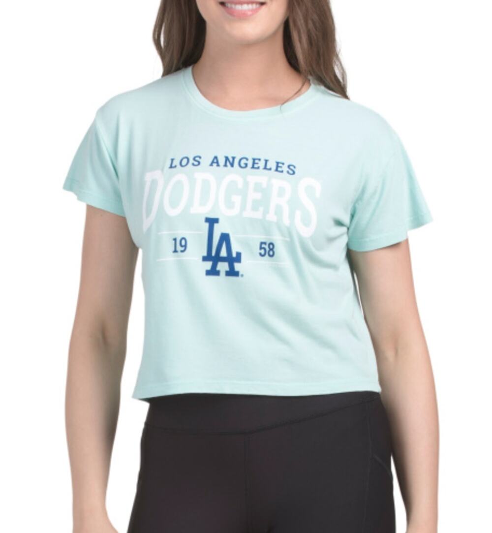 Soft as Grape Dodgers LA light blue crop top shirt womens size Medium NWT